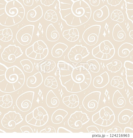 Hand drawn sea shells with sparkles beige yellow sandy seamless pattern in doodle sketchy style on white background. Line art sea shell vector background Hand drawn sea shells with sparkles beige yellow sandy seamless pattern in doodle sketchy style on white background. Line art sea shell vector background 124216963