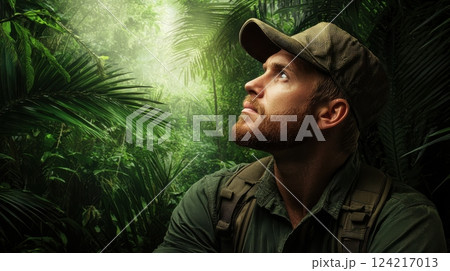 Adventurer in Tropical Jungle Gazing Upward Towards Canopy with Lush Greenery Surrounding Him in Nature 124217013