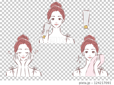 A girl with high femininity who washes her face with lathered cleanser 124217091