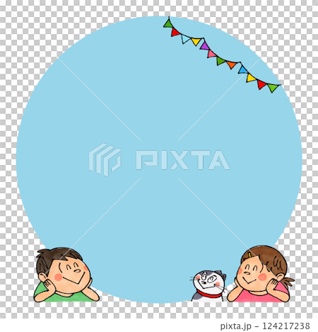 Child and cat looking up Copy space (blue) 124217238