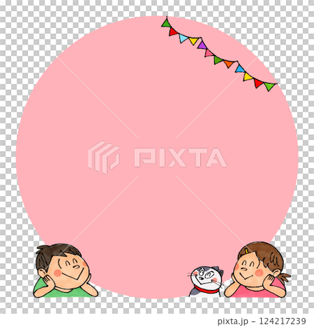 Child and cat looking up Copy space (pink) 124217239