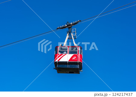 Jasper, Alberta, Canada - May 21 2021 : Jasper SkyTram aerial tramway cable car cabin. 124217437
