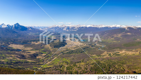 Aerial panoramic view of Town of Jasper in summer time. Jasper National Park, Alberta, Canada. Canadian Rockies. Aerial panoramic view of Town of Jasper in summer time. Jasper National Park, Alberta, Canada. Canadian Rockies. 124217442
