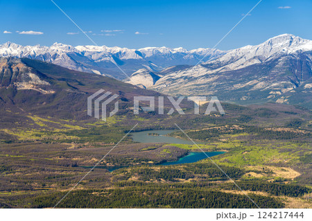 Jasper National Park summer landscape aerial panoramic view of Pyramid Lake and Patricia Lake, Canadian Rockies, Alberta, Canada. Jasper National Park summer landscape aerial panoramic view of Pyramid Lake and Patricia Lake, Canadian Rockies, Alberta, Canada. 124217444