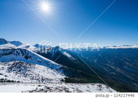 Panoramic view from the snow-covered Whistlers Peak in Jasper National Park in late spring, Jasper, Alberta, Canada. 124217446