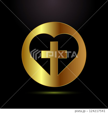 Christian cross icon design illustration, Religion sign. Holy cross logo symbol in gold color style Christian cross icon design illustration, Religion sign. Holy cross logo symbol in gold color style 124217541