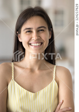 Vertical headshot portrait smiling beautiful teenage girl in summer dress 124217629