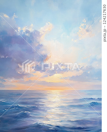 Serene Sunset Over Calm Ocean Waves with Soft Cloud Reflections 124217630