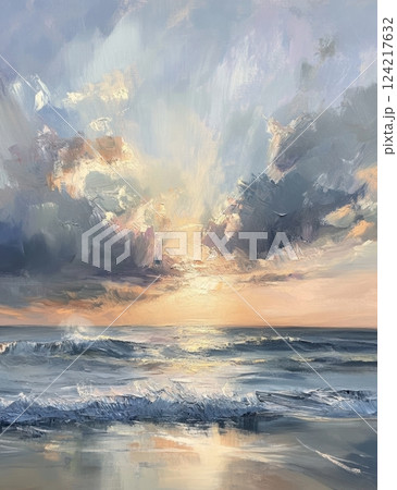 Serene Ocean Sunset with Dramatic Clouds and Gentle Waves 124217632