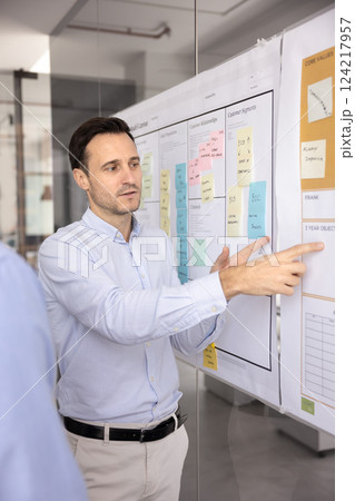 Serious product manager man presenting project strategy 124217957