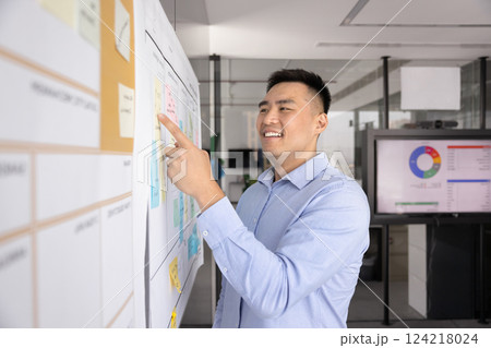 Positive young Asian businessman working on project at whiteboard 124218024
