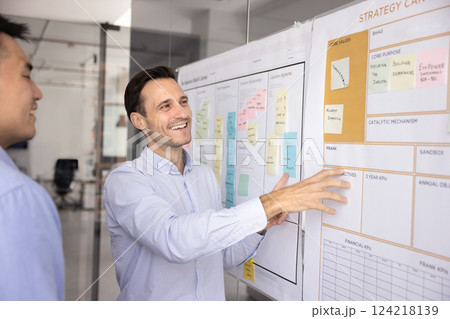 Positive male multiethnic partners brainstorming on business model strategy canvas 124218139