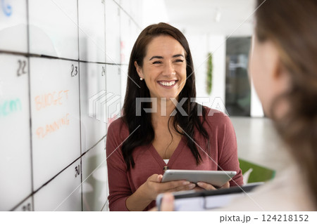 Happy young Hispanic project manager woman discussing scrum management Happy young Hispanic project manager woman discussing scrum management 124218152