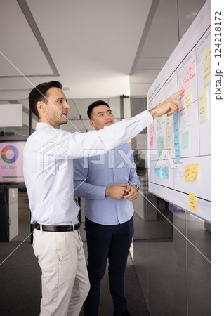 Two male project managers planning tasks on Kanban scrum board 124218172