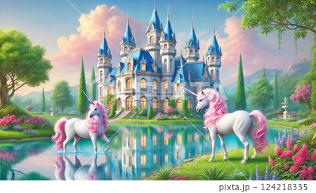 湖のほとりに建つ西洋の城 124218335