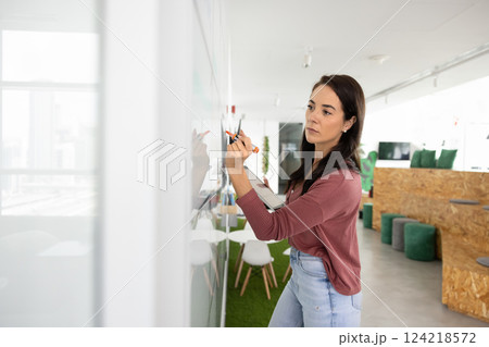 Serious young startup project manager woman writing on whiteboard 124218572