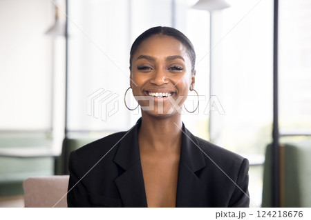 Headshot portrait professional businesswoman take part in videoconference, webcam view Headshot portrait professional businesswoman take part in videoconference, webcam view 124218676