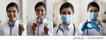 Female cardiologist promoting cardiology check-up services, collage view Female cardiologist promoting cardiology check-up services, collage view 124218929