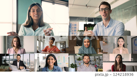 Screen displays multicultural group of professionals engaging in virtual meeting 124218936