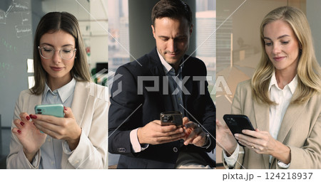 Three business professionals using their smartphones, collage view 124218937