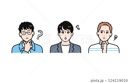 悩むカジュアルな若い男性3人のシンプルなベクターイラストセット 124219010