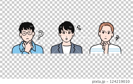 悩むカジュアルな若い男性3人のシンプルなベクターイラストセット 124219010