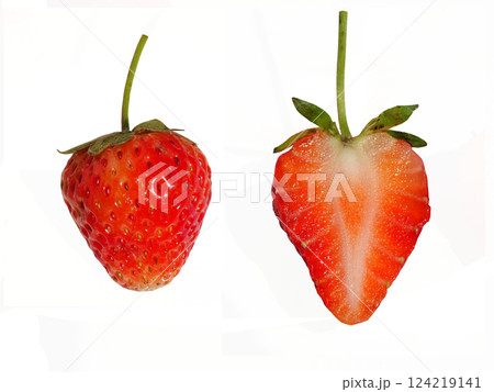 Red berry strawberries fruit isolated on white background, Ripe strawberry cut in half revealing the juicy flesh inside 124219141