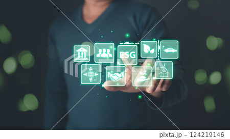 man touch screen to save energy,and reduce global warming,climate change,ecology friendly investment,ESG environment social governance,Green Business Innovation and Sustainable Development concept. 124219146