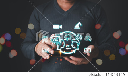 Ai generates creation content concepts. Man's hand use AI icon technology, Marketers education, research, analyze media video streaming online marketing strategies to grow their digital business. Ai generates creation content concepts. Man's hand use AI icon technology, Marketers education, research, analyze media video streaming online marketing strategies to grow their digital business. 124219149
