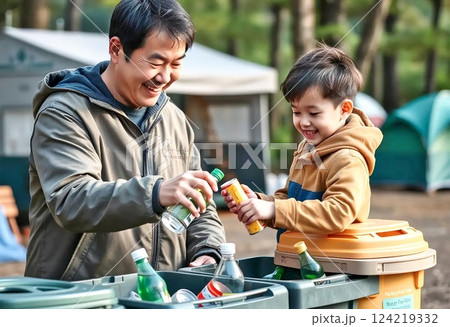 キャンプ場でゴミの仕分けをする親子 124219332