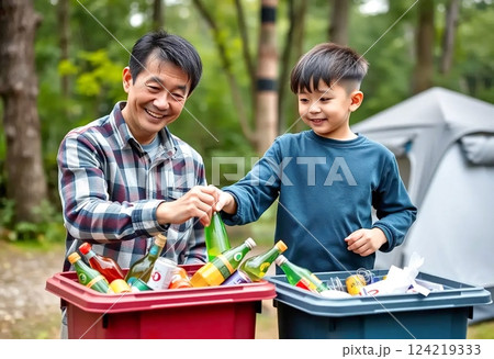 キャンプ場でゴミの仕分けをする親子 124219333