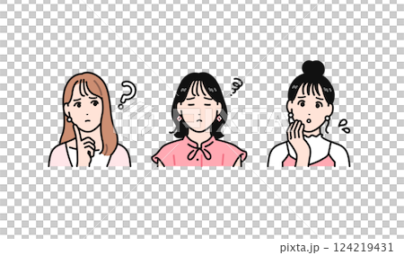 悩むオシャレな若い女性3人のシンプルなベクターイラストセット 124219431