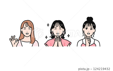 笑顔で喜ぶオシャレな若い女性3人のシンプルなベクターイラストセット 124219432