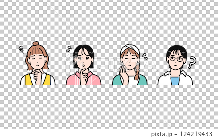 悩む若い女性4人のシンプルなベクターイラストセット 124219433
