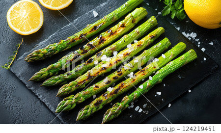 Grilled Asparagus with Sea Salt and Lemon 124219451