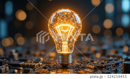 Futuristic Glowing Light Bulb on Circuit Board | Innovation, AI Technology, and Digital Energy Concept. 124219453