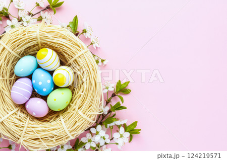 Easter Nest Celebration Pastel Eggs In Springtime Scene With White Blossoms On Pink Background Fresh, Green Pink Aesthetic, Perfect For Easter Egg Hunts, Holiday Backgrounds Spring Decor Easter Nest Celebration Pastel Eggs In Springtime Scene With White Blossoms On Pink Background Fresh, Green Pink Aesthetic, Perfect For Easter Egg Hunts, Holiday Backgrounds Spring Decor 124219571