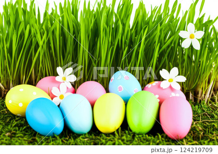 Vibrant Easter Scene Pastel Egg Collection On Green Grass, Cheerful Daisy Flowers Under Blue Skies Celebrate Easter With Colorful Bright Spring Scene Vibrant Easter Scene Pastel Egg Collection On Green Grass, Cheerful Daisy Flowers Under Blue Skies Celebrate Easter With Colorful Bright Spring Scene 124219709
