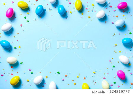 Festive Easter Composition Cheerful Pink, Blue, And White Oval Egg Design With Light Background And Colorful Sprinkles For Spring Celebrations, Perfect For Easter Marketing Festive Easter Composition Cheerful Pink, Blue, And White Oval Egg Design With Light Background And Colorful Sprinkles For Spring Celebrations, Perfect For Easter Marketing 124219777