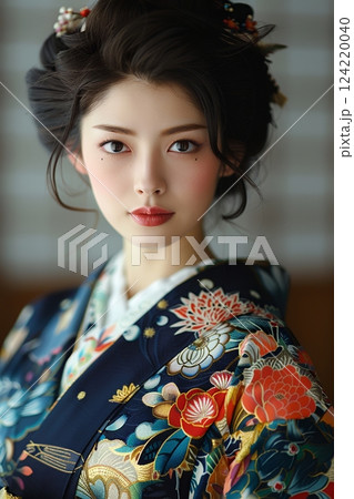 日本人着物ヘアメイクスタイルの美人女性像を生成AIで表現（縦写真） 124220040