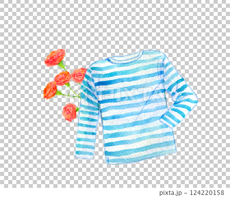 水彩イラスト　ボーダーシャツとカーネーション 124220158