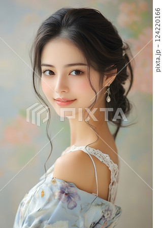 日本人ヘアメイクスタイルの美肌美人女性像を生成AIで表現（縦写真） 124220166