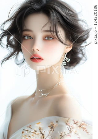 日本人ヘアメイクスタイルの美肌美人女性像を生成AIで表現（縦写真） 124220186