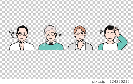 悩むミドル男性4人のシンプルなベクターイラストセット 124220233