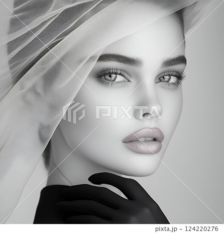 西洋人トレンドヘアメイクスタイルの力強くて魅力的な美人女性を生成AIで表現（モノトーンスクエア写真） 124220276