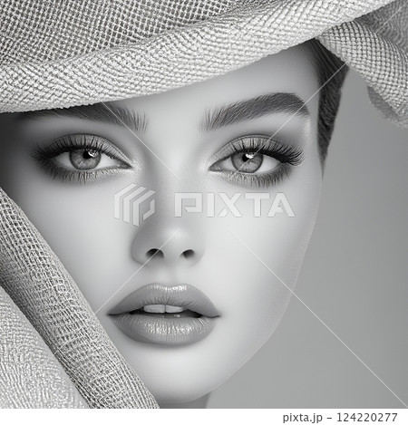 西洋人トレンドヘアメイクスタイルの力強くて魅力的な美人女性を生成AIで表現（モノトーンスクエア写真） 124220277