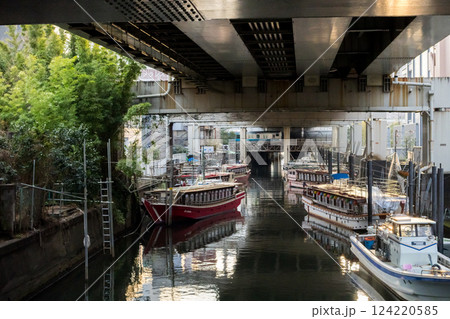 【金杉橋】屋形船のある高架下を通過する普通列車 124220585