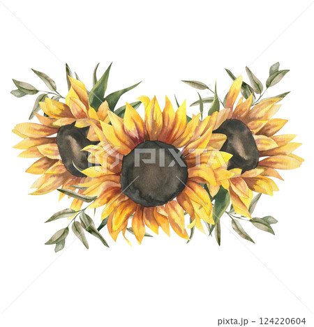 Sunflower watercolor bouquet with yellow flowers and eucalyptus branches illustration. Hand drawn sunny autumn floral clipart for wedding invitation, fall decor, poster, card design Sunflower watercolor bouquet with yellow flowers and eucalyptus branches illustration. Hand drawn sunny autumn floral clipart for wedding invitation, fall decor, poster, card design 124220604