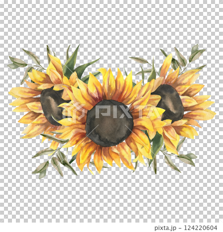 Sunflower watercolor bouquet with yellow flowers and eucalyptus branches illustration. Hand drawn sunny autumn floral clipart for wedding invitation, fall decor, poster, card design 124220604