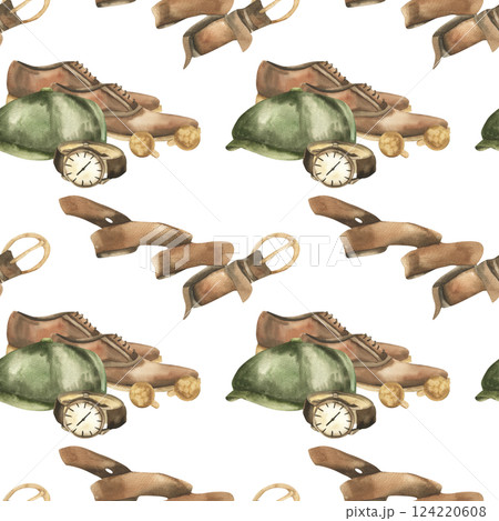 Male accessories seamless pattern with leather brown shoes,leather belt and watch watercolor illustration. Hand drawn hipster background, male clipart for gift packing,wallpaper design Male accessories seamless pattern with leather brown shoes,leather belt and watch watercolor illustration. Hand drawn hipster background, male clipart for gift packing,wallpaper design 124220608